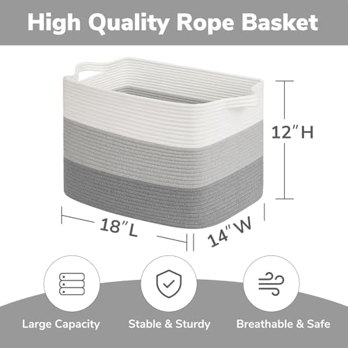 Goodpick Large Woven Basket, Rectangle Rope Storage Baskets for Organizing, Blanket Basket with Handles for Living Room, Nursery, Gradient Gray, 18 x 14 x 12 Inches - color: Gradient Grey, size: 18"L x 14"W x 12"H