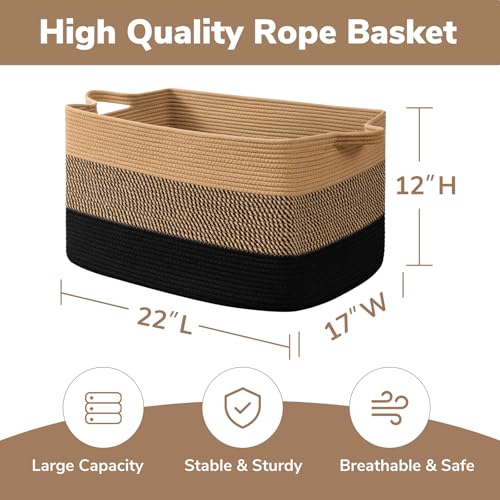 Goodpick Large Blanket Basket 22" x 17" x 12" Wicker Laundry Baskets for Organizing, Decorative Woven Rope Basket for Living Room Bedroom, Rectangle Toy Storage Baskets for Kids - color: Gradient Black, size: 22"L x 17"W x 12"H
