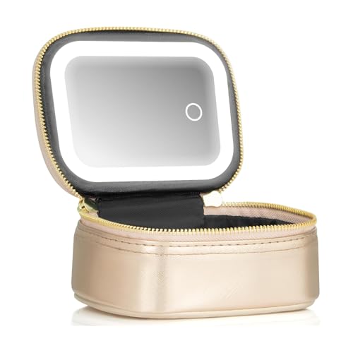 Mini Makeup Bag with Led Mirror, Small Travel Make up Bag 3 Light Modes Adjustable Brightness, for Women Organizer Cosmetic Bag, Portable Travel Train Toiletry Bag, for Pool Parties Work Touch-Ups - color: Gold