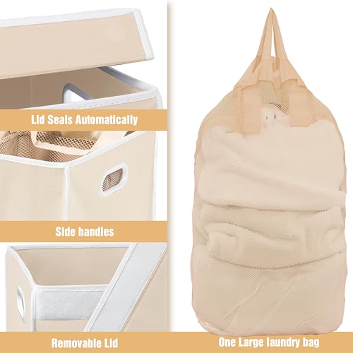 Simple Houseware Foldable Laundry Hamper Basket with Lid, Beige - color: Beige