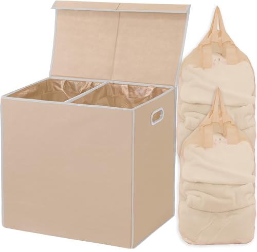 Simple Houseware Double Laundry Hamper with Lid and Removable Laundry Bags, Beige - color: Beige