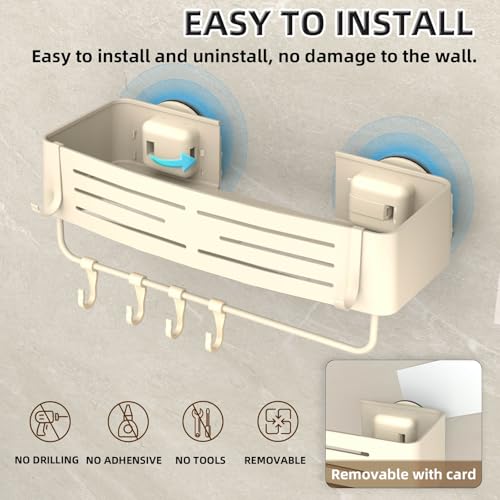 Onemake Aluminum Shower Caddy Suction Cup, No Drilling Bathroom Shower Shelf, Corner Shower Caddy with 6 Portable Hooks, Removable Bath Organizer with Towel Bar for Bathroom Storage(Cream White) - style: 1 Tier-Ivory White Square Caddy