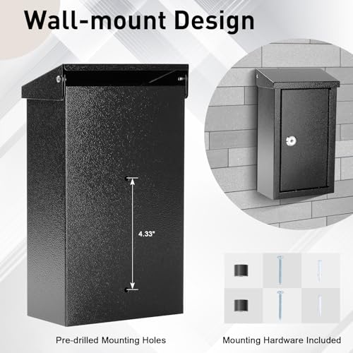 xydled Wall-Mounted Key Drop Box with Key Lock, Metal Mailbox, Indoor& Outdoor Storage Box, Hanging Secured Postbox, for Home & Business Use, 5.5X 3.0X 9.8 inch, Black - style: Key Lock