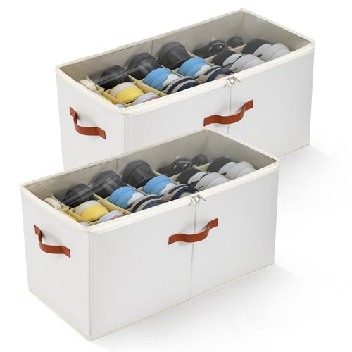 2-Pack Extra Large Shoe Organizer for Closet, Foldable Shoe Storage Container with Adjustable Dividers & Clear Lid, Holds Up to 18 Pairs, Space-Saving Shoe Boxes, White - size: Large