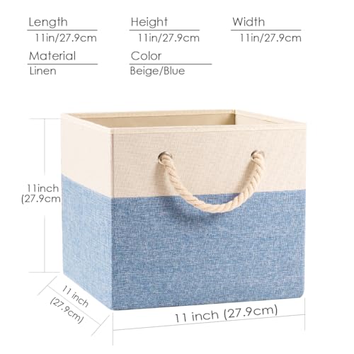 PRANDOM Large Foldable Cube Storage Bins 11x11 inch [4-Pack] Fabric Linen Storage Baskets Cubes Drawer with Cotton Handles Organizer for Shelves Nursery Closet Bedroom Beige/Blue - color: Beige/Blue, size: 11x11 inch(4-Pack)