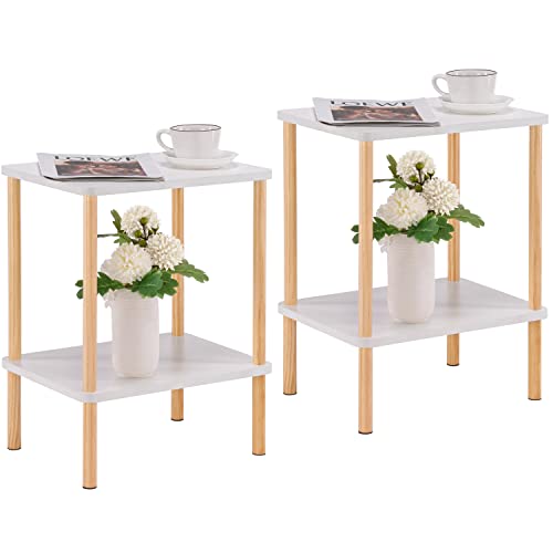 Apicizon 2 Tier End Table Set of 2, Small Side Table with Solid Wood Legs, Boho Bedside Table with Storage Shelf, Nightstand for Small Spaces, Bedroom, Living Room, Entryway, White+Natural - color: White+natural, size: 2 Set, style: 2 Tier