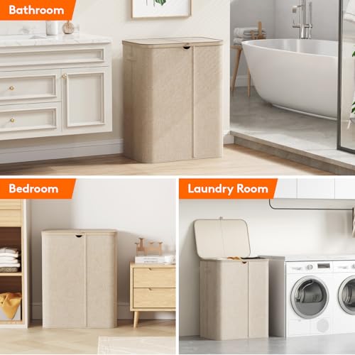 Lifewit 185L Large 3 Section Laundry Hamper with Lid, Plastic Laundry Basket with Bamboo Handles and Removable Bags, Tall Foldable Clothes Hamper for Bathroom Bedroom, Beige - color: Beige