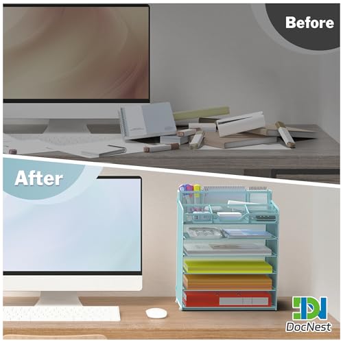 Docnest 6 Tier Mesh Desk Organizer for Paper Office Supplies – Multi-Functional Letter Tray with 5 Adjustable Compartments, 7 Pen Holders, Desktop Storage for Files, Mail, Stationery – Blue - color: Blue, size: 12.7" x 9.1" x 15.5"