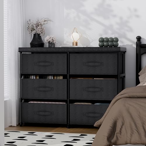 PPN Dresser with 6 Fabric Drawer Stand Desktop Sturdy Metal Plastic Support Tube Cube Storage Cabinet for Living Room, Bedroom Organization Dorm Front Hall Entryway Black