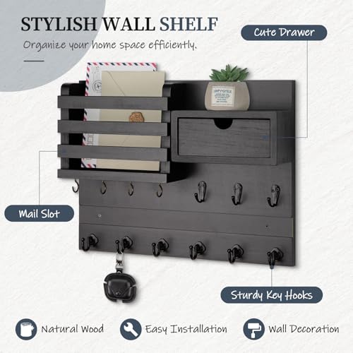 Nekon Key Holder Wall Mount, Rustic Mail and Keys Shelf for Wall Organization with 13 Hooks, Home Decor Accessory with Drawer, Black - color: Black