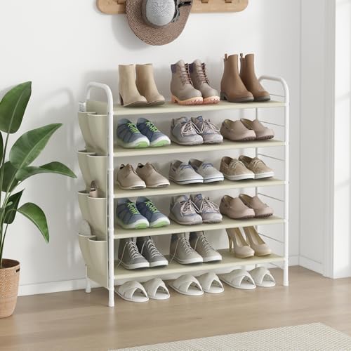 SUOERNUO Shoe Rack Storage Organizer 5 Tier Free Standing Metal Shoe Shelf Shoe Organizer with Side Shoes Pockets for Entryway Closet Bedroom, Beige - color: Beige, size: 5 Tier