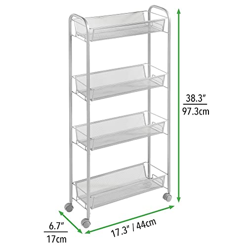 mDesign Slim Steel Metal Rolling Utility Cart Storage Organizer Trolley with 4 Basket Shelves for Laundry Room, Kitchen, Bathroom Organization - Narrow Holder for Detergent - Biro Collection, Silver