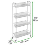 mDesign Slim Steel Metal Rolling Utility Cart Storage Organizer Trolley with 4 Basket Shelves for Laundry Room, Kitchen, Bathroom Organization - Narrow Holder for Detergent - Biro Collection, Silver