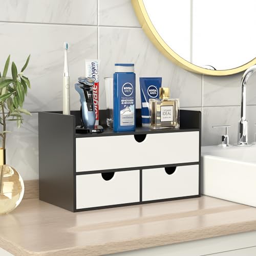 Wisuce Desk Organizer with Drawers - Bamboo Desktop Organizer Storage | Black-White Wood Desk Makeup Dresser Top Organizer for Cosmetics No Assembly Required - color: Black-White, size: 13”L x 6.6”W x7.87”H