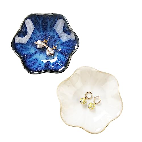 2PCS Lotus Leaf Shape Ring Holder Dish, Small Key Bowl, Ceramic Trinket Tray Jewelry Dish Organizing Necklace Earrings for Mom Friend Sister, All Jewelries Are NOT Included.White+Deep Blue. - color: White+Deep Blue-Lotus