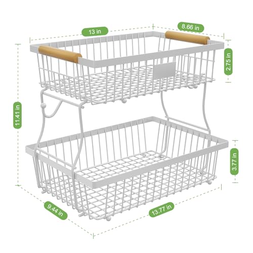 2 Tier Fruit Basket for Kitchen Counter with 2 Banana Hangers, Countertop Metal Bread Basket with Wooden Handle, Large Storage Stand for Vegetables, Snacks, Eggs, Produce Storage – White - color: White, size: 2 Tier