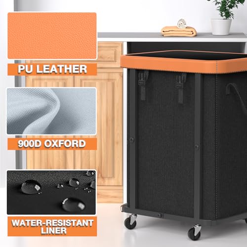 150L (40 Gal) Large Fashion Laundry Basket with Wheels, Leather Patchwork Rolling Hamper Carts, Sturdy Metal Frame, Removable Washable Bag, Tall Clothes Sorter for Bedroom, Laundry Room - Black - color: Black, size: 1 Section-150L