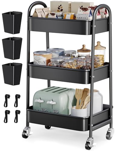 3 Tier Rolling Cart Metal with Wheels, Heavy Duty Three Tiered Rolling Storage Cart on Wheels, Black Utility Roller Carts Organizer for Baby, Art, Craft, Snack,Book, Nail, Diaper Caddy, Cleaning, Dorm - color: Mystic Black, size: 3 Tier+Cups+Hooks