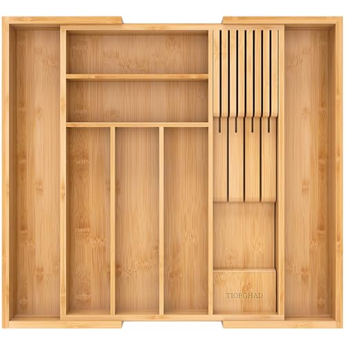 TIOPGHAD Bamboo-Silverware-Drawer-Organizer-Kitchen, Expandable Utensil Holder Cutlery Tray Flatware Organization Adjustable Wood Tableware Dividers Storage (with Removable Knife Block)(Natural) - color: Natural, size: Large