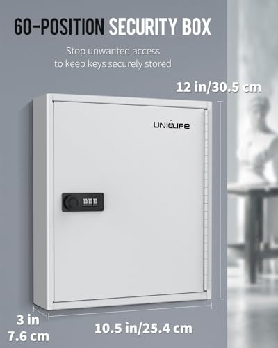 Uniclife 60 Position Slotted Key Cabinet with Combination Lock Resettable White Digital Security Storage Box Steel Key Organizer with Slotted Racks White Key Tag Labels and Permanent Pen - color: White, size: 60 Keys