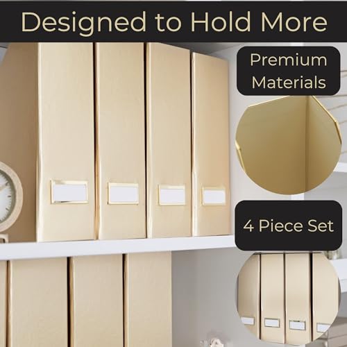 BLU MONACO | Gold Cardboard Magazine File Holder Set of 4 | Vertical Magazine File Holder for Shelves | Standing File Holder Desk Organizer - color: Gold
