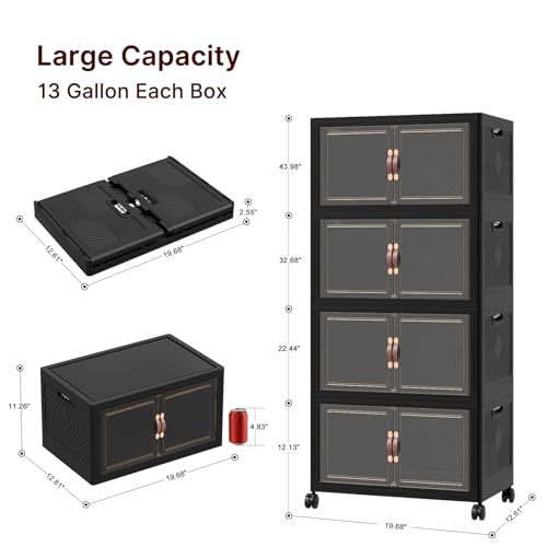 UAMFURI Stackable Storage Bins with Lids, 192QT Closet Organizers, Lockable Storage Cabinet，Foldable Storage Box with Doors and Wheels, Plastic Drawers for Home, Garage, Office (4, Black, Medium) - color: Black, size: Medium