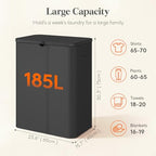 Lifewit 185L Large 3 Section Laundry Hamper with Lid, Plastic Laundry Basket with Bamboo Handles and Removable Bags, Tall Foldable Clothes Hamper for Bathroom Bedroom, Black - color: Black