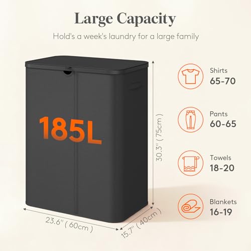 Lifewit 185L Large 3 Section Laundry Hamper with Lid, Plastic Laundry Basket with Bamboo Handles and Removable Bags, Tall Foldable Clothes Hamper for Bathroom Bedroom, Black - color: Black