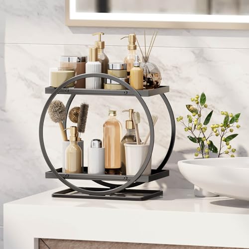 Bathroom Counter Organizer, Black Perfume Organizer for Dresser, 2 Tier Bathroom Organizer Countertop, Vanity Makeup Organizers, Skincare Display Tray for Bathroom Sink Storage - color: Black, Circular