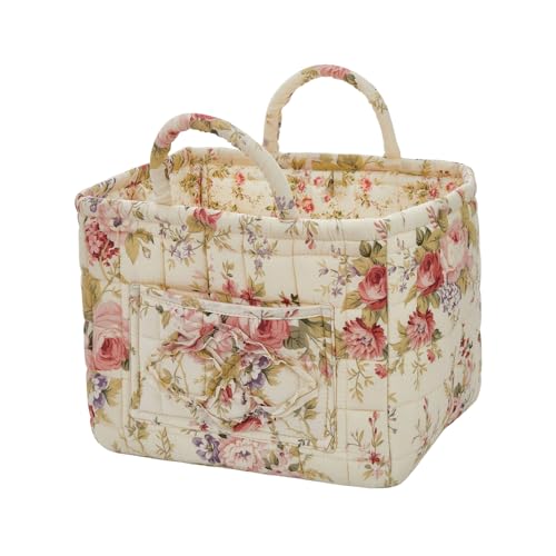 Quilted Laundry Basket with Handles - Multi-Purpose Fabric Storage Basket，Boho Fabric Storage Baskets with Handles for Car, Home & Nursery - Collapsible Square Organizer (White) - color: White