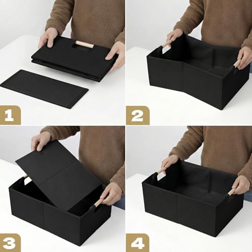 Foldable Fabric Storage Baskets Set of 2 for Shelves, Linen Decorative Storage Bins with Wooden Handles, Small Organizer Cubes for Closet, Rectangle Canvas Boxes for Organizing, Decor (Black 2 Pack) - color: Black 2 Pack