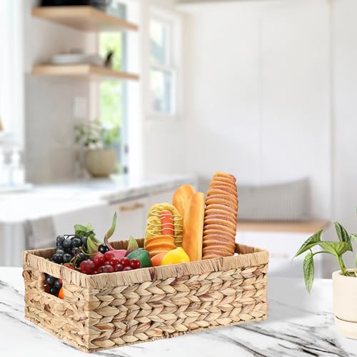 Woven Open Storage Bins Large Wicker Shelf Basket with Built-in Handles Natural Water Hyacinth Storage Baskets for Toiletries Books Fruits Organizing,15 x 10.2 x 5 inches - size: 15"L x 10.2"W x 5"H