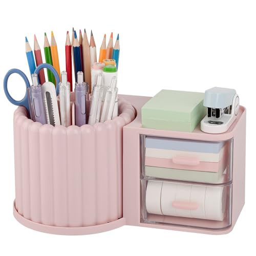 Anyoifax 360° Rotating Pen Holder 7 Slots Desk Organizer with Drawer Removable Pencil Cup Plastic Art Supplies and Accessories Desktop Storage Box Caddy for Office, School, Home (Green) - style: Pink+Drawer