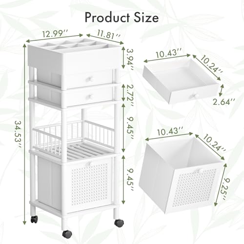 Amazer Bamboo Makeup Organizer Cart with 3 Drawers, Floor Skin Care Storage for Bathroom Bedroom, Rolling Vanity Organizer Cart for Cosmetic, Nail Polish, Perfume and Hair Tools, White - color: White