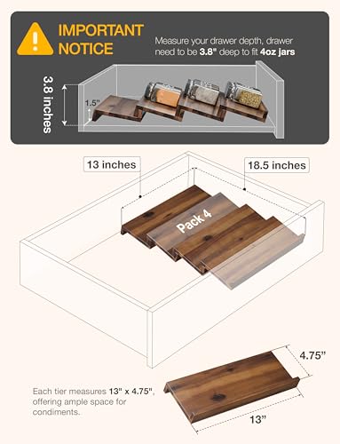 Tinamo Acacia Wooden Spice Rack Organizer for Cabinet - Spice Drawer Insert, Spice Organization for Cabinet, Seasoning Organizer, Spice Holder Pack of 4 (Walnut, Pack 4) - color: Walnut, size: Pack 4
