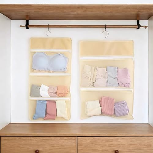 MIUPOO Multi Purpose Multi Layer Mesh Storage Hanging Bag,Hanging Storage with Zipper and Metal Hanger for Bra Underwear Socks,Mesh Pockets Hanging Storage Bag,2 Pieces. (2, 2 Layer and 3 Layer)