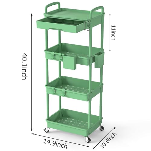 4 Tier Rolling Utility Cart with Drawer, Plastic Storage Organizer Rolling Carts with Wheels Handles Hanging Cups Hooks for Office, Bathroom, Kitchen,Craft Art Room (Green) - color: Green, size: 4-Tier