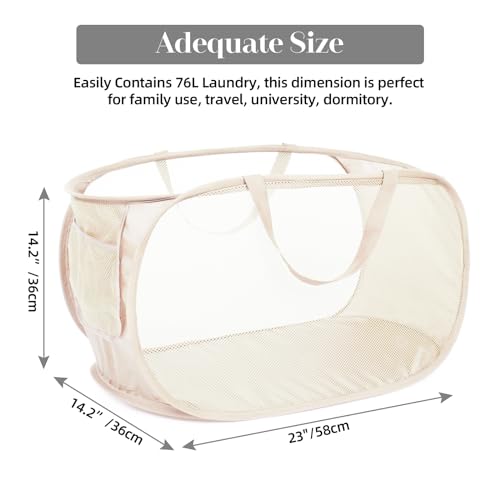 Durable Collapsible Laundry Baskets, Mesh Pop Up Laundry Hamper with Side Pocket, Foldable Clothes Hamper with Reinforced Carry Handles for Laundry, Bathroom, Kids Room, Dorm or Travel 2 Pack Beige - color: 2 x Beige