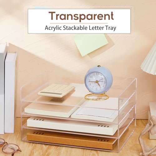 Harloon 4 Tier Paper Organizer Letter Tray Acrylic Desk File Organizer Heavy Duty Stackable Documents Clear Letter Paper Holder Sorter Office Tray for A4, Office Classroom Home File Pad Notebooks - color: Transparent, size: 12.4 x 8.9 x 1.7 Inches