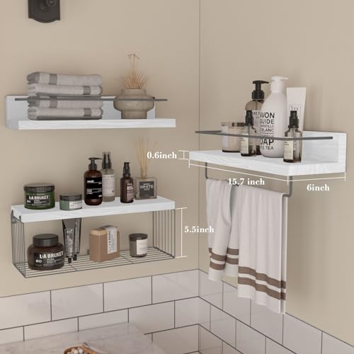 PopiShelves Bathroom Shelves Over Toilet for Wall, Floating Shelves with Storage Basket Paper Holer for Kitchen Living Room, Bedroom & Classroom, Set of 3 (White and Grey) - color: White and Grey, size: 15.7"