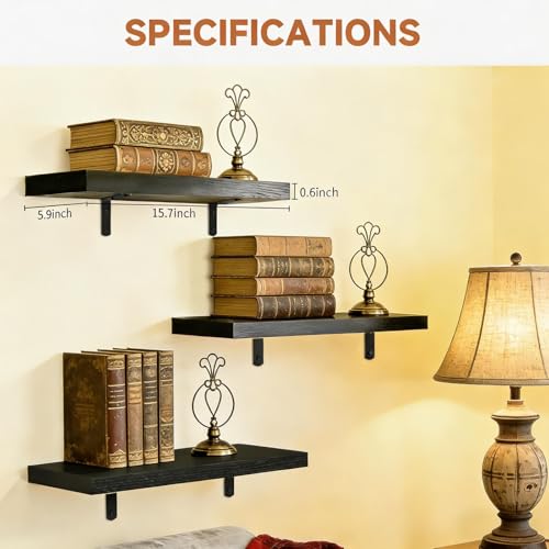 Easy Install Wall Shelves with Bracket,15.7Inch Wall Mounted Wood Floating Wall Shelves,Small Wall Shelves for Storage&Wall Decor, Living Room, Kitchen, Office,Corner Shelf for Bathroom,Set of 3,Black - color: Black L-bracket