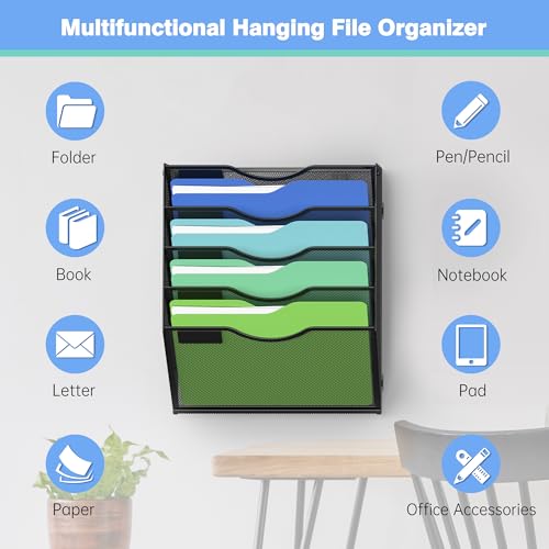 Kuntine.B Wall File Organizer Office Hanging Magazine Holder Wall File Organizer for Office Home (Black, 5 Tier & Hangers) - color: Black, size: 5 Tier & Hangers