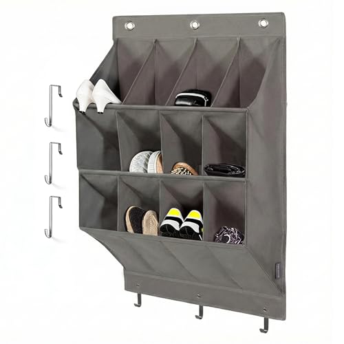 Over the Door Shoe Organizer, Grey 12 Pockets Hanging Shoe Storage Rack with Large Deep Pockets, Oxford 600D Fabric Shoe Storage Rack with 6 hook for Shoes, Home Accessories etc - color: Grey, size: 12-Grids