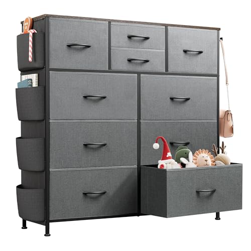 WLIVE Dresser for Bedroom with 10 Drawers, Fabric Dresser Chest of Drawers with Side Pockets and Hooks, Sturdy Metal Frame, Drawers Organizer Unit for Room, Hallway, Dark Gray - color: Dark Gray