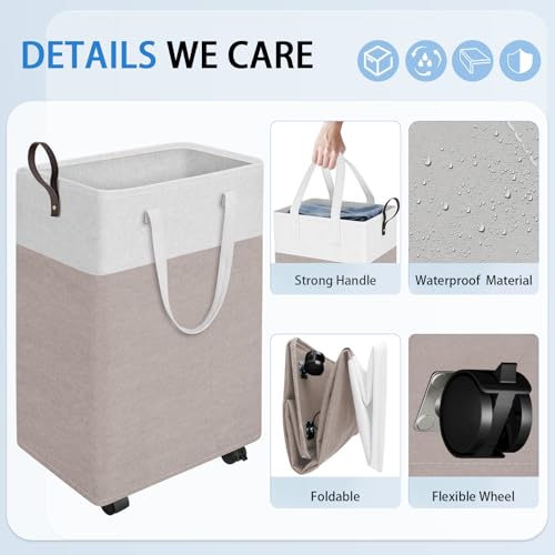 HomeHacks 75L Rolling Laundry Basket with Wheels, Collapsible & Waterproof Laundry Hamper, Mobile Clothes Hamper, Storage Laundry Bins with Handles for Laundry Room, Bedroom, Bathroom & Dor, Khaki - color: Khaki, size: 75L