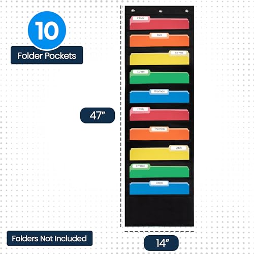 Essex Wares - 10 Pocket File Pocket Chart, Black, 14" Wide x 47" Tall - Versatile Wall Hanging File Folder Organizer for Classroom, Office, Home, and More - Wall Folder Organizer - 10 Pockets - size: 10 Pocket