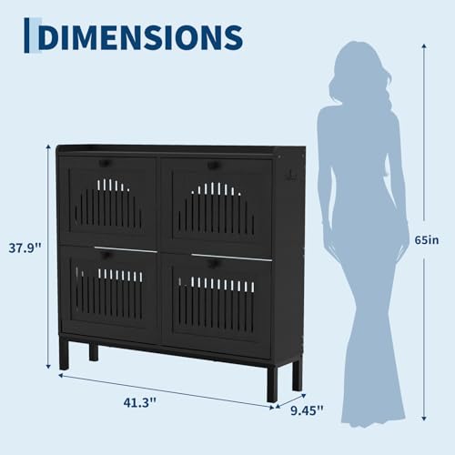 4-Door Flip Front Shoe Cabinet with Adjustable Shelves – Hidden Entryway Storage Organizer for Hallway, Foyer, Living Room – Freestanding Wooden Shoe Rack with Large Capacity & Modern Design, Black - color: Black, size: 9.45"D x 41.34"W x 37.9"H