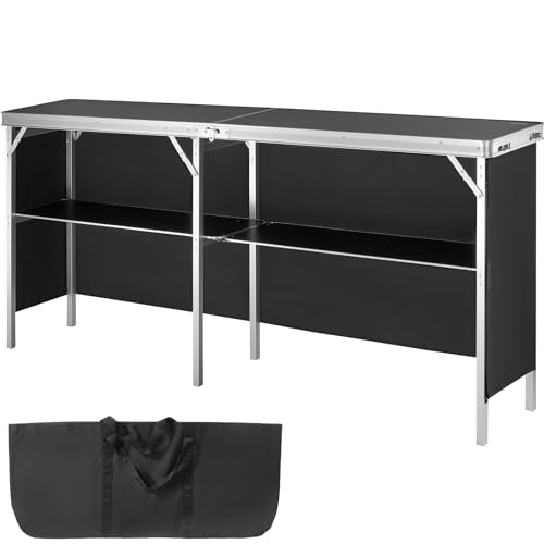 VEVOR Extra Long Folding Portable Bar Tradeshow Podium Table for Indoor, Outdoor, Party, Picnic, Exhibition, Includes Carrying Case, Storage Shelf and Black Skirt, 77.95" x 15.16" x 34.65" - size: 77.95 INCH