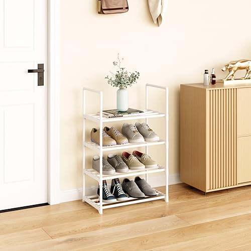 Metal Stackable Small Shoe Rack Organizer, Narrow Shoe Racks for Closets Entryway, Shoe Stand,Shoe Shelf with Handle (4-Tier-White) - size: 4-Tier-White