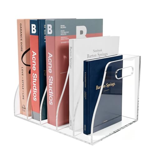Acrylic Magazine File Holder, 5 Vertical Compartments Desk Document Sorter Organizer, Clear Bookend File Sorter Holder for Office, Documents, Tablets, Magazines, Books - size: B5 File Rack (5 slots)